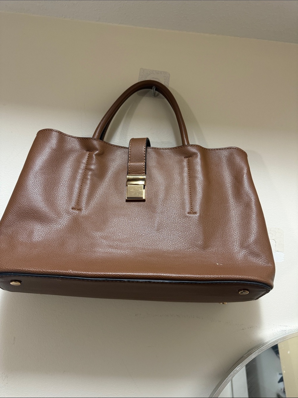 H&M Brown Leather Top-Handle Tote with Gold Accent